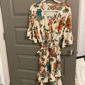 Easel - Floral printed dress; Deep-V, with a ribbon cinched waist